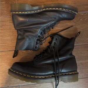 Dr. Martens Black Leather Boots with Yellow Stitching